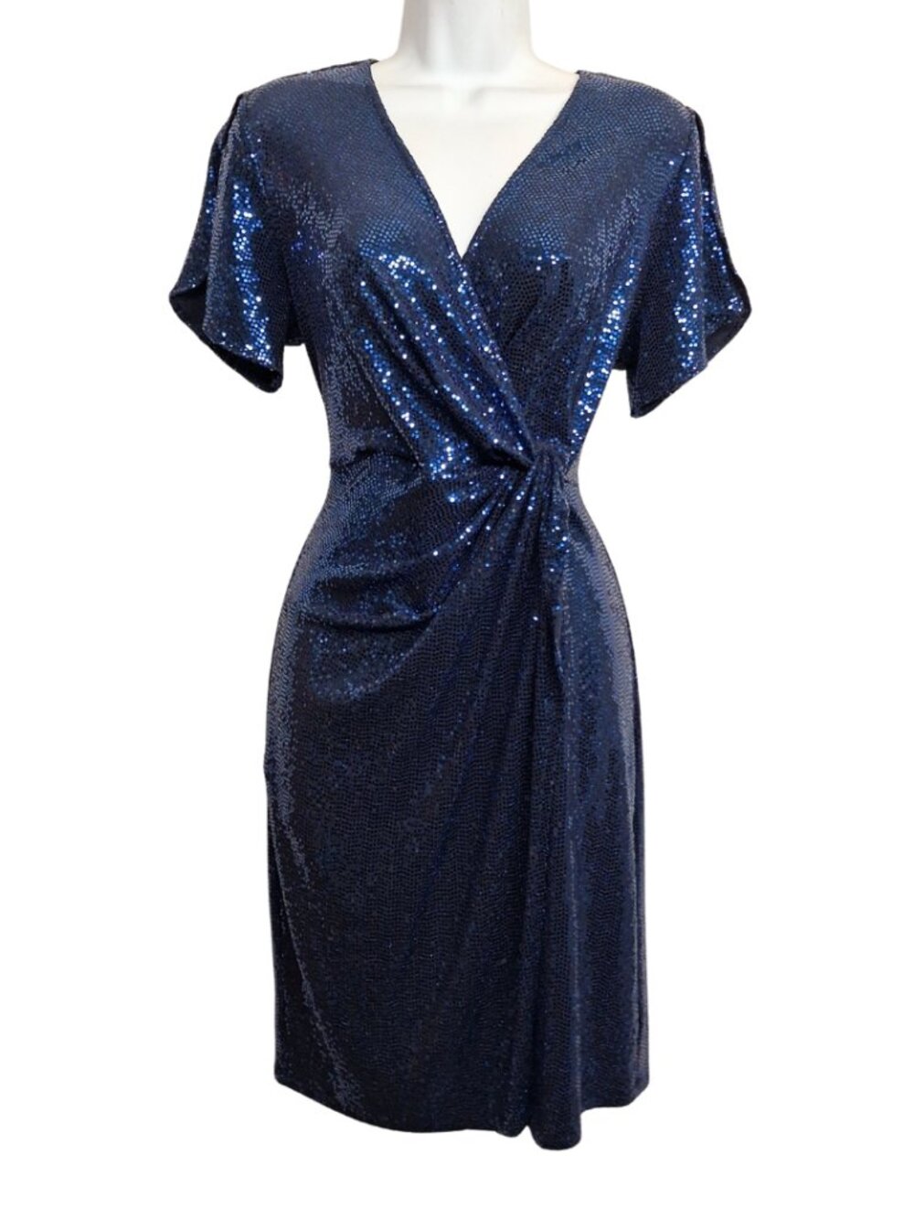 JM STUDIO BY JOHN MEYER Blue Sequin Dress Faux Wrap Cocktail Dress 8